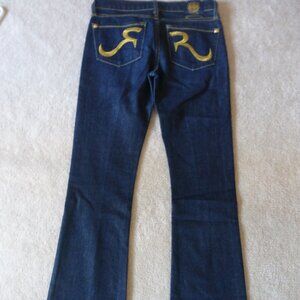 ROCK & REPUBLIC dark wash "GOLD TEASE" Kasandra bootcut jeans with gold shimmer